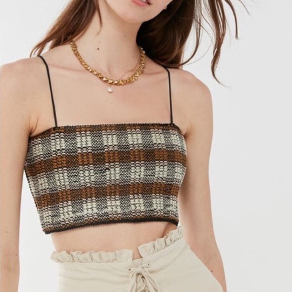 Urban Outfitters UO Dreamweaver Brown Cream Plaid Stretch Cropped Cami Top